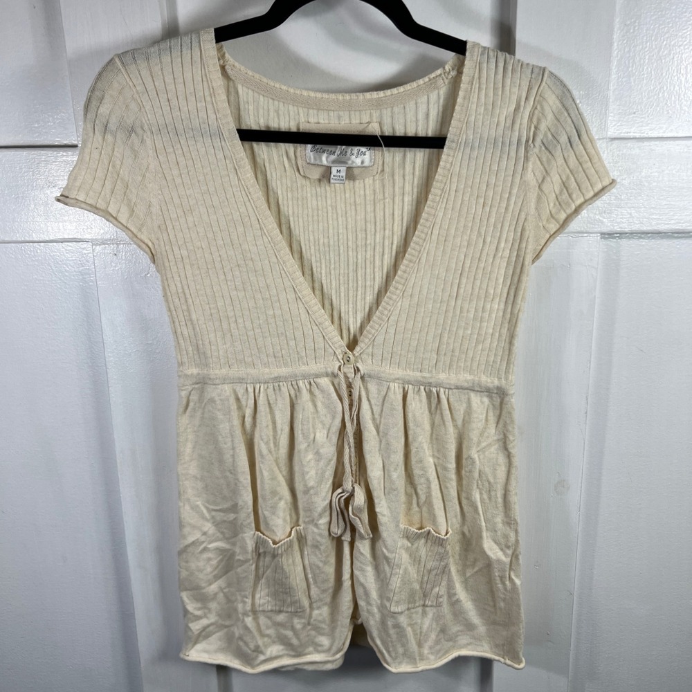 Between Me & You Cream Ribbed Knit Tie Front Peplum Cardigan Top Size M Cotton